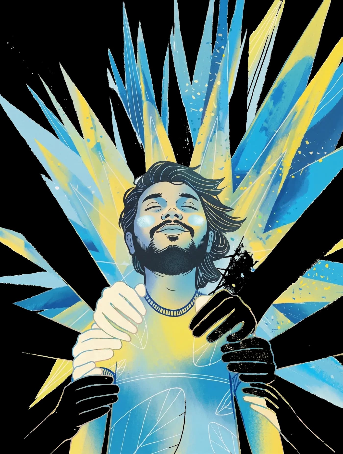 Illustration of a person supported by many hands, with blue and gold light radiating outward